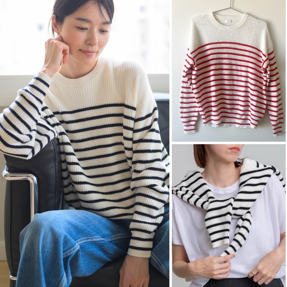 CT Plage Cotton Cashmere Blend Pullover Cardigan Striped Knit Sweater